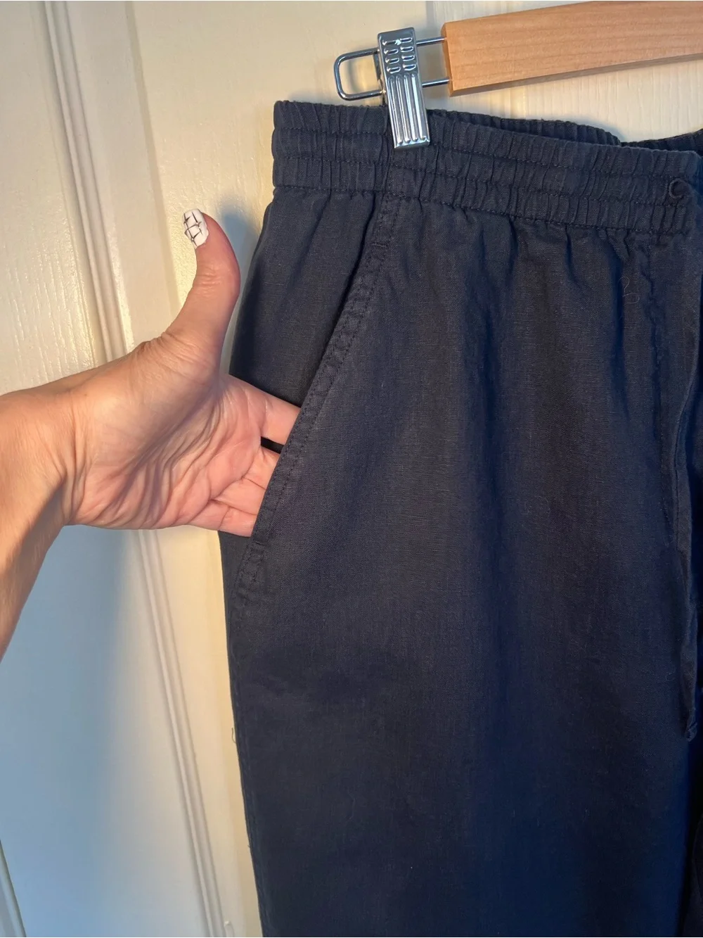 Banana Republic 100% Linen Wide Leg Pants Navy Blue Drawstring Size Large